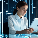 A focused professional woman, dressed in a modest business blouse and tailored trousers, seated at a sleek, minimalist desk in a futuristic digital environment. Her hands are gently resting on a transparent touchscreen tablet, which displays a complex network of glowing data points and interconnected lines that symbolize website cookies and digital footprints. The background is a soft, blurred glow of interconnected digital pathways, creating a serene and informative atmosphere. fully clothed, appropriate attire, safe for work, perfect anatomy, correct proportions, natural pose, well-formed hands, proper finger count, natural body proportions, professional photography, high quality, modest clothing.